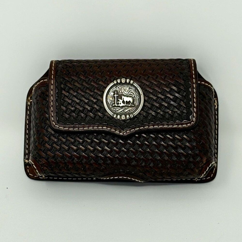 Brown Tooled Braided Leather Western Bull Holster Case w/ Metal Belt Clip